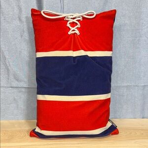 Red and Blue Striped Pillow with Lace Detail